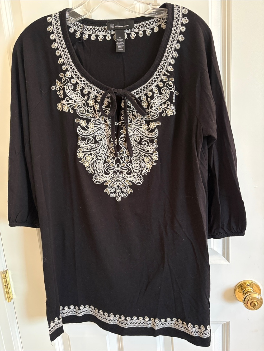 INC International Concepts Black Tunic with White Embroidery and Tie-Neck